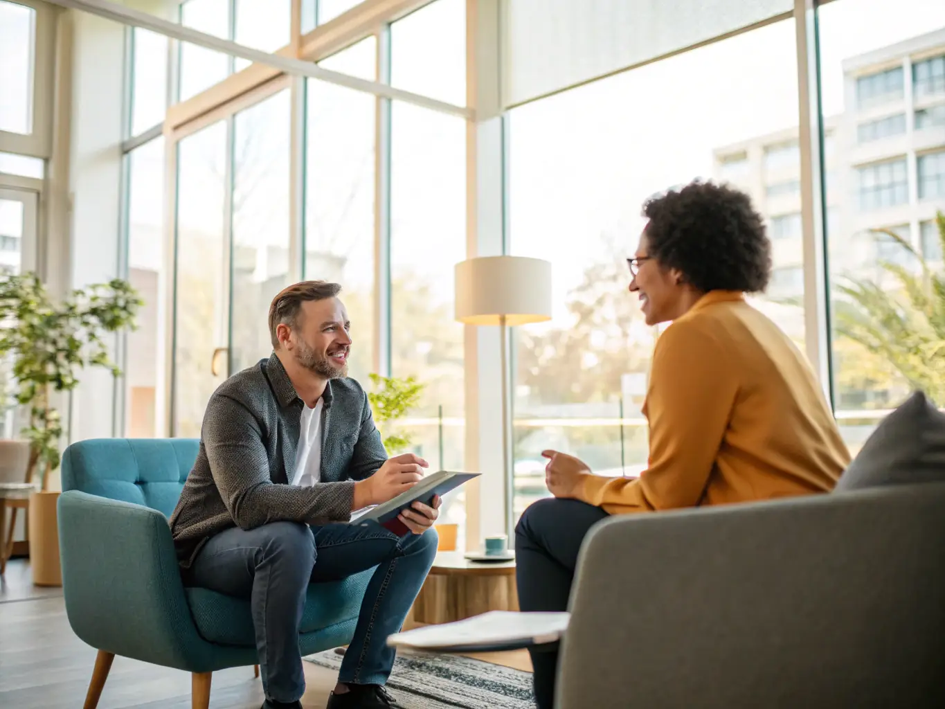 An image of a coach and client in a one-on-one coaching session, discussing goals and strategies. The atmosphere is supportive and encouraging, highlighting the personalized nature of the coaching experience.