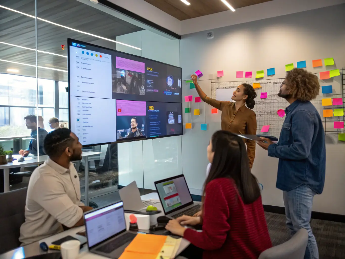 An image of a diverse group of professionals collaborating in a modern office, symbolizing leadership and teamwork. The setting is bright and energetic, reflecting the positive impact of leadership coaching.