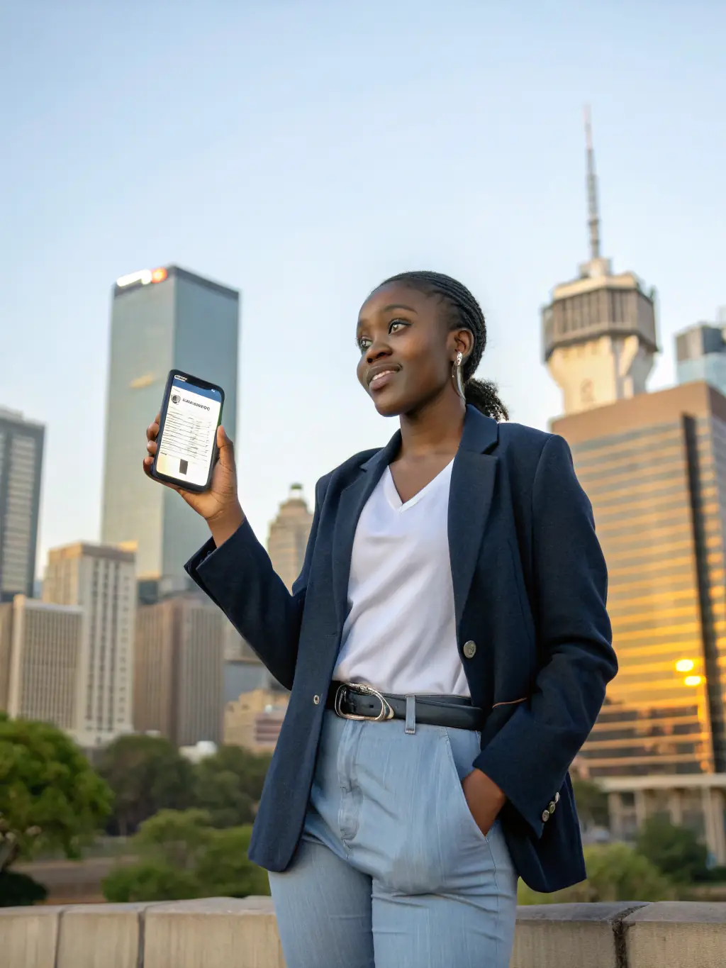 A South African entrepreneur confidently presenting a business plan in Cape Town, showcasing strategic business growth and development.