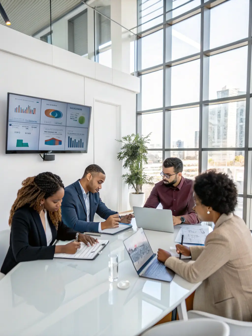 A diverse team of professionals collaborating in a modern office in Johannesburg, South Africa, symbolizing enhanced teamwork and productivity through business coaching.