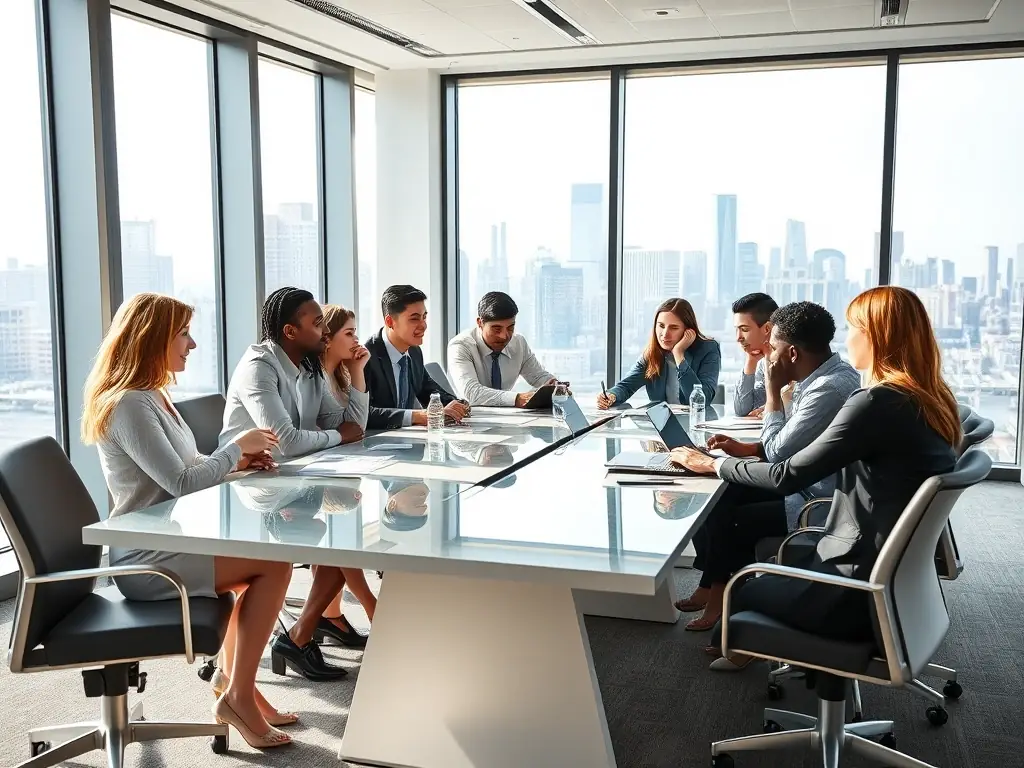 A diverse group of professionals collaborating around a table, brainstorming ideas and solving problems, illustrating teamwork and strategic planning.