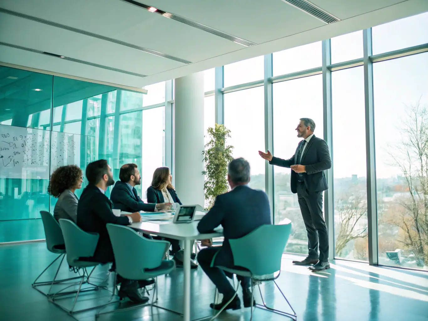 A dynamic business leader confidently addressing their team in a modern office setting, symbolizing effective leadership and inspiration.
